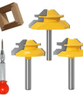 Heavy Duty 45 Degree Lock Miter Router Bit Set With Quarter Inch Shank And Auto Center Punch For Cabinet Building. Includes 3 router bits.