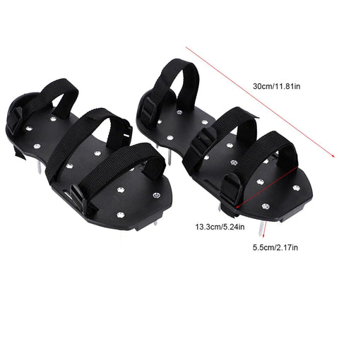 Heavy Duty Lawn Aerator Shoes With Iron Spikes And Three Strap Design spiked sandals for aerating lawns on white background