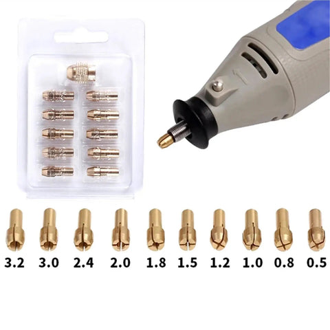 Get Ready For High Power With These 3 Sets Of Mini Drill Brass Collet Chucks showing 12 sizes from 0.5mm to 3.2mm, ideal for rotary tools.