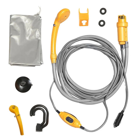 Portable Camping Shower Kit With 12V Pump Steady Water Flow ABS Body includes hose, pump, and accessories
