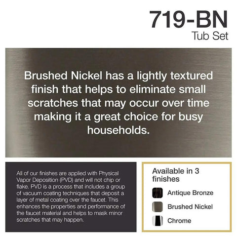 Two Handle Tub Mount Roman Tub Faucet in Brushed Nickel Finish with Easy Three Hole Installation Lead Free Construction details