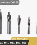 Five-piece set of HSS end mill countersink drill bits, M3-M8, four-flute for copper, aluminum, steel, cast iron