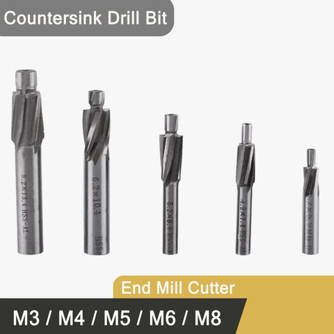 Five-piece set of HSS end mill countersink drill bits, M3-M8, four-flute for copper, aluminum, steel, cast iron