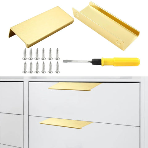 Six Pack Modern Brushed Gold Aluminum Hidden Cabinet Pulls Set With Back Mount Edge Finger Pull Handles, tools and screws included