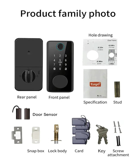 Slick Multi Language Smart Fingerprint Deadbolt Lock With Effortless Tuya App Pairing showing front and rear panels, door sensor, and accessories.
