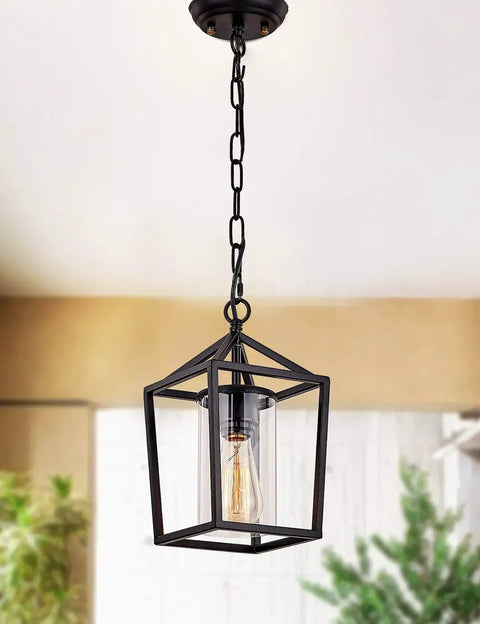 Outdoor Porch Pendant Light With Glass Shade, Vintage Metal Cage Lantern in black, hanging in an indoor setting.