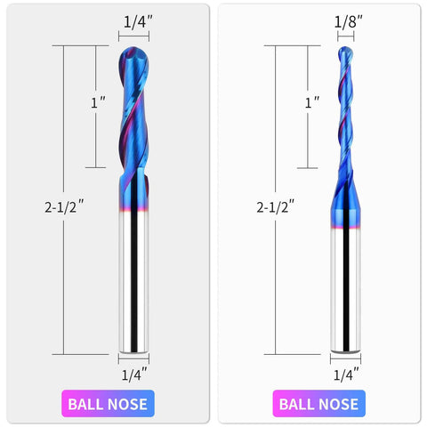 Quarter Inch Shank Carbide Ball Nose End Mill Set, Five Piece CNC Router Bits For Side Milling, End Milling, And Finish Machining With Nano Blue Coating shown front view with measurements.
