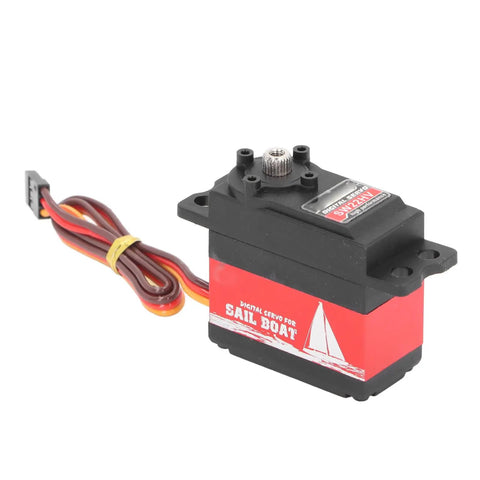 Premium Aluminum Alloy Servo Motor Built Tough Runs Smooth Whisper Low Noise Killer Pull Top Shelf Efficiency For Model Airplanes on a tabletop with wires.