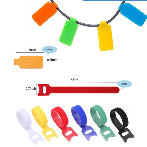 60 Piece Color Coded Cable Labels And Hook And Loop Ties Set showing colorful cord organizers and labels with measurements