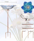 Glass Flower Pattern Bird Bath With Metal Stake For Outdoor Garden Yard Lawn Decor Blue Glass Bird Feeder Bowl Attracts Birds For Bathing And Adds Colorful Charm, showing dimensions and assembly components.