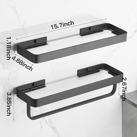 Two Tier Wall Mounted Glass Bathroom Shelves With Floating Tempered Glass Design Rustproof Black Finish Easy Install
