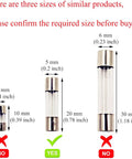 Size comparison of fuses with 5 mm (0.2 inch) x 20 mm (0.78 inch) highlighted; 10 Pack F5AL Fast Blow Glass Fuses 5A 125V 5x20mm for electronics.
