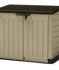 All Weather Heavy Duty Outdoor Storage Shed Made From Resin Plastic For Forty Two Cubic Feet Of Easy Patio Garden Tool Organization In Earthy Brown Shade, 57x32x49 Inches.
