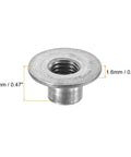 Top Shelf M10 Carbon Steel Tee Nuts Twelve Piece Set Featuring Round Base Flange Inserts And Weld Through Hole Female Thread Plate Hardware Built Tough For The Daily Grind, showing a detailed flange insert with 12mm hole.