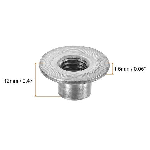 Top Shelf M10 Carbon Steel Tee Nuts Twelve Piece Set Featuring Round Base Flange Inserts And Weld Through Hole Female Thread Plate Hardware Built Tough For The Daily Grind, showing a detailed flange insert with 12mm hole.