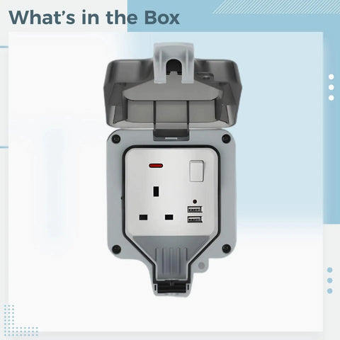 Heavy Duty Outdoor Electric Outlet With Dual Usb Ports And Rugged Flip Cover, Hella Weatherproof 13 Amp Wall Socket showing front view.