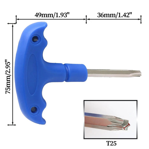 Golf Wrench Driver Tool T25 For Head Adjustment And Shaft Adapter Durable Golf Club Repair Kit with dimensions and T25 tip view.