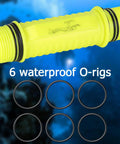 Yellow flashlight casing with six waterproof O-rings, part of Two Pack Underwater LED Flashlights For Diving, Crazy Bright Scuba Lights