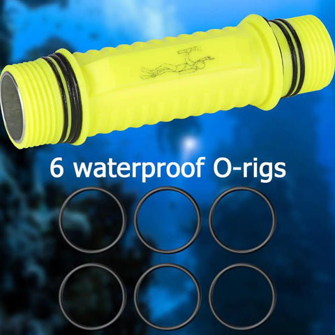 Yellow flashlight casing with six waterproof O-rings, part of Two Pack Underwater LED Flashlights For Diving, Crazy Bright Scuba Lights