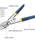 Beefy Turnbuckle Kit And Wire Rope Crimping Tool Set shown with stainless steel pliers, four crimping sizes, and non-slip handle