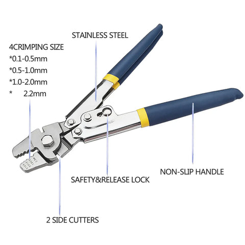 Beefy Turnbuckle Kit And Wire Rope Crimping Tool Set shown with stainless steel pliers, four crimping sizes, and non-slip handle