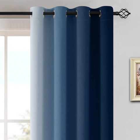 Blue And Gray Ombre Curtain Panels 63 Inch Length Two Pack, Room Darkening Gradient Window Drapes For Bedroom, 8 Metal Grommets