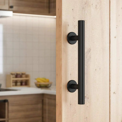 Heavy Duty 12 Inch Pull and Flush Barn Door Handle Set Two-Side Rustic Design for Gates Garages Sheds and Furniture in Solid Stainless Steel Round Silver Finish with No Fuss Install Hardware Included mounted on a wooden door.