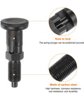 Badass 2 Pack Push Fit Ball Nose Spring Plunger M10x1 Thread 5mm Pin Diameter showing carbon steel, locking nut, and threaded detail.
