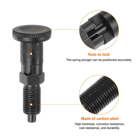 Badass 2 Pack Push Fit Ball Nose Spring Plunger M10x1 Thread 5mm Pin Diameter showing carbon steel, locking nut, and threaded detail.
