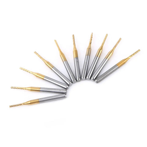 End Mill Router Bit Set Ten Pack 1.5mm Tungsten Coated Carbide CNC Engraving Bits Workhorse One Eighth Inch Shank For PCB Engraving