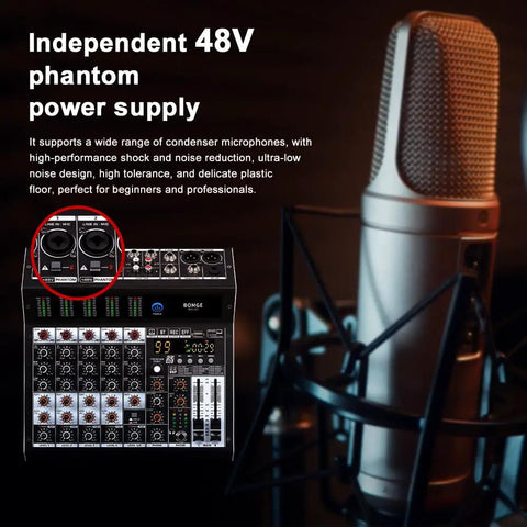 Six Channel Pro Audio Mixer With 99 DSP Effects Phantom Power 48V Bluetooth USB Interface Two Aux Sends FX Processor, viewed beside a studio microphone.