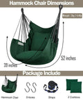 Two Cushions Included Hammock Chair With Soft Cotton Handwoven Fabric Indoor Outdoor Hanging Rope Swing, shown with dimensions and accessories.