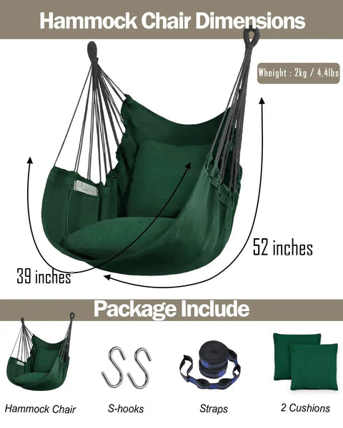 Two Cushions Included Hammock Chair With Soft Cotton Handwoven Fabric Indoor Outdoor Hanging Rope Swing, shown with dimensions and accessories.