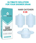 Large Disposable Hair Catcher Strainers For Bathroom Sink And Bathtub Drain 25 Pack White displayed with packaging and filters.