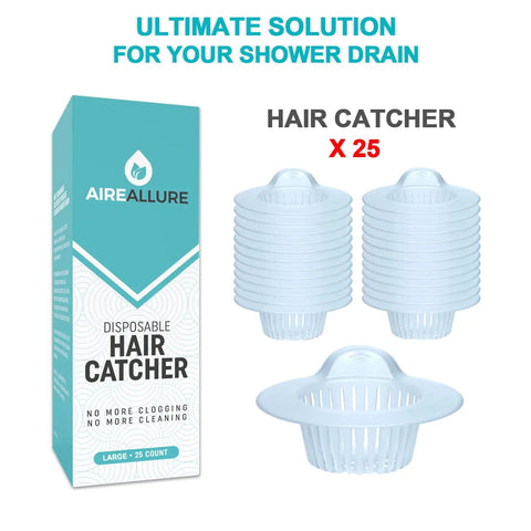 Large Disposable Hair Catcher Strainers For Bathroom Sink And Bathtub Drain 25 Pack White displayed with packaging and filters.