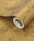 Straight Up Pink Vintage Floral Gold Metallic Wallpaper roll featuring elegant floral pattern, measuring 2 ft wide by 27 ft long.