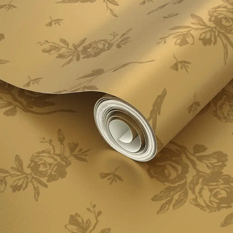 Straight Up Pink Vintage Floral Gold Metallic Wallpaper roll featuring elegant floral pattern, measuring 2 ft wide by 27 ft long.