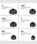 Hydraulic Knockout Hole Punch Driver Kit With Eight Ton Power, Six Dies From Half Inch To Two Inch, shown with individual die sizes