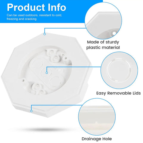 PVC Vertical Siding Lamp Mounting Kit With Built In Electrical Box For Exterior Lights Four Inch Diameter Octagon Mount Fits Half Inch Siding Durable Vinyl Block For Easy No Sweat Outdoor Lighting Install, white octagon mount with drainage hole
