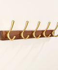 17.3 Inch Walnut Wood Coat Rack Wall Mount With Five Hooks Dope Heavy Duty Wooden Jacket Hanger For Entryway Or Bathroom Door Mount Gold Finish Great For Towels Bags Hats Keys