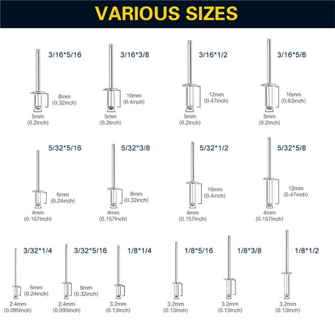 Pop Rivet Kit With Aluminum Blind Rivets, 14 Size Assortment, 120 Or 200 Piece Packs, includes various rivet sizes shown