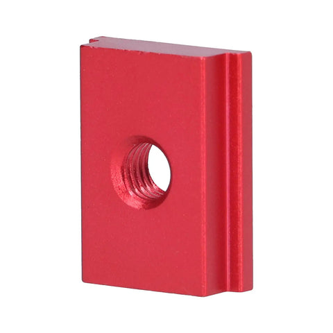 Close-up of a red aluminum sliding nut from Red Aluminum Sliding Nut T Track Slider 5 Pack With Dual Metric Threads M6
