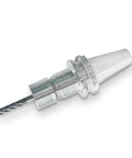 Carbide end mill, 4-flute, 1/4 in shank; chrome finish, side view of cutting tool.
