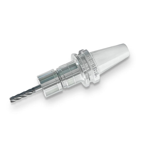 Carbide end mill, 4-flute, 1/4 in shank; chrome finish, side view of cutting tool.
