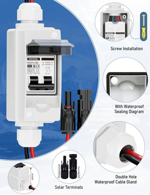 Rugged Outdoor Solar Panel Disconnect Switch 30A 2-Pole DC Circuit Breaker Non-Polarized 12V-400V IP65 Waterproof AC Disconnect Box