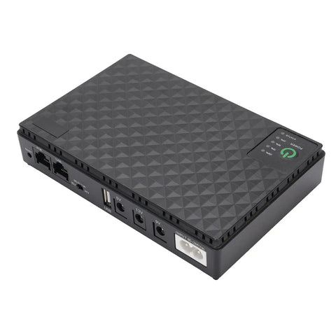 Plug And Play 10400mAh Ups Battery Backup For Routers And Modems features US plug, six DC output ports, compact black design.