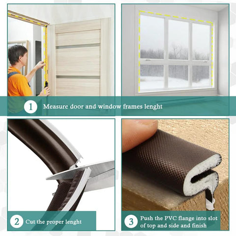Brown kerf foam door weatherstrip seal, 26 ft, with slot; shown measuring door frame, cutting to size, and installing.