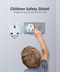 Child using UK To US Plug Adapter 2 Pack Go-To Grounded Travel Converter with safety shield for Type G plugs.