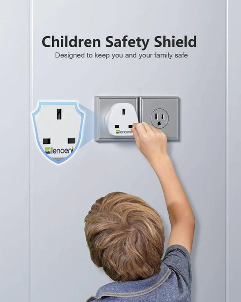 Child using UK To US Plug Adapter 2 Pack Go-To Grounded Travel Converter with safety shield for Type G plugs.