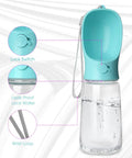 Leak Proof Dog Water Bottle For Outdoors, blue 19oz bottle with lock switch, built-in drinking feeder, wrist loop.